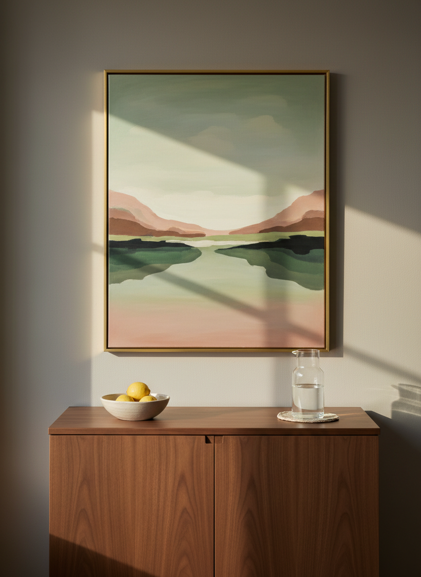 An elegant wooden sideboard with a smooth, matte walnut finish stands against a softly textured, warm gray wall. Above it hangs a single large oil painting in a thin, brushed brass frame, depicting an abstract landscape of muted greens, dusty rose, and soft cream tones, evoking calm and balance. On the sideboard, a simple ceramic bowl holds a few fresh lemons, and a glass carafe of water rests on a linen coaster. Gentle late-afternoon natural light filters in from the left, creating subtle highlights on the frame and faint, elongated shadows. Captured straight-on with balanced composition and sharp focus throughout, the image feels like a curated interior design photograph. The atmosphere is serene, sophisticated, and meditative, perfectly blending art and wellness in a minimalist, photographic style.