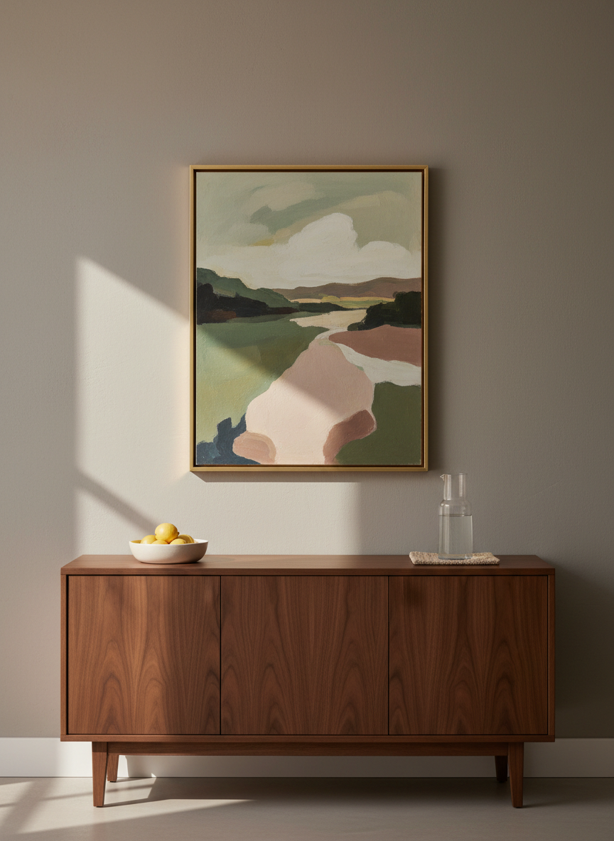An elegant wooden sideboard with a smooth, matte walnut finish stands against a softly textured, warm gray wall. Above it hangs a single large oil painting in a thin, brushed brass frame, depicting an abstract landscape of muted greens, dusty rose, and soft cream tones, evoking calm and balance. On the sideboard, a simple ceramic bowl holds a few fresh lemons, and a glass carafe of water rests on a linen coaster. Gentle late-afternoon natural light filters in from the left, creating subtle highlights on the frame and faint, elongated shadows. Captured straight-on with balanced composition and sharp focus throughout, the image feels like a curated interior design photograph. The atmosphere is serene, sophisticated, and meditative, perfectly blending art and wellness in a minimalist, photographic style.