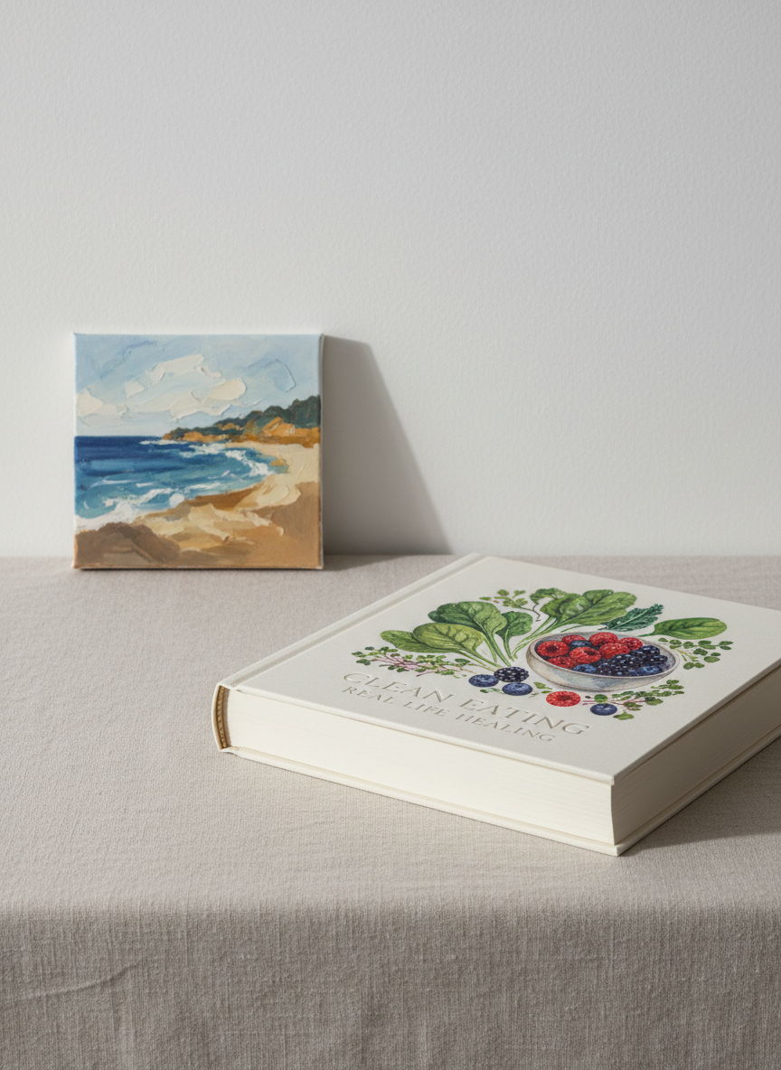 A meticulously arranged still life on a pale linen-covered table: a thick, hardcover wellness journal titled “Clean Eating Real Life Healing” lies slightly open, its creamy pages revealing a delicate watercolor illustration of leafy greens and a small bowl of berries. Beside it, a small framed oil painting of an abstract coastline, with muted blues and soft ochres, leans against a matte white wall. Diffused morning light from an unseen window washes across the scene, creating subtle gradients and gentle shadows. Shot at eye level with a shallow depth of field, the book’s textured cover and the painting’s brushstrokes are in sharp focus, while the background fades into a soft blur. The mood is sophisticated, calm, and contemplative, with photographic realism and a minimalist, gallery-like aesthetic.