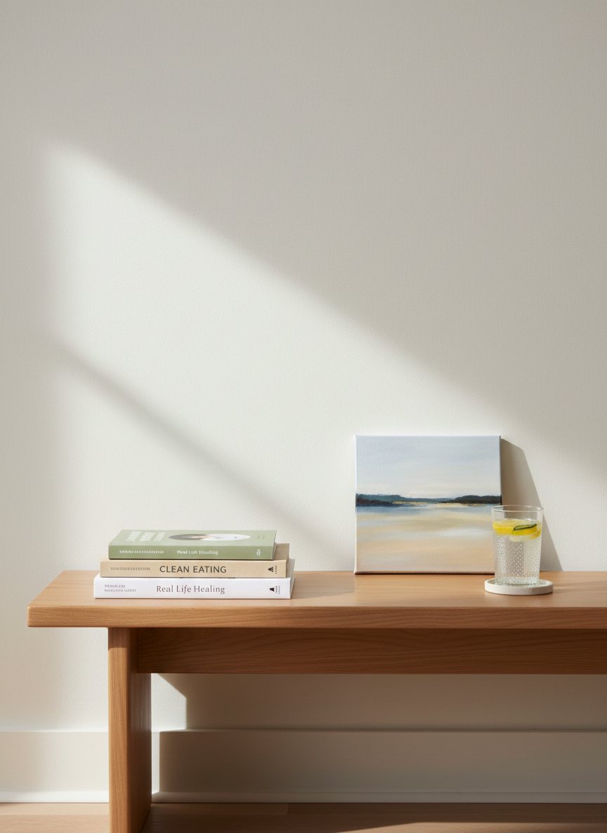 A serene reading nook composed of a low, light-wood bench with a smooth, satin finish, placed against a soft, off-white wall. On the bench rests a neatly stacked trio of books, with “Clean Eating Real Life Healing” on top, its minimalist cover design in muted sage and cream tones. Beside the stack, a small, square oil painting of a tranquil horizon—blurry bands of blue-gray, sand, and pale sky—leans casually, unframed, revealing the texture of the canvas edges. A single, tall glass of infused water with floating citrus slices sits on a thin ceramic coaster. Gentle late-morning natural light filters across the scene, creating subtle gradients and soft-edged shadows. Captured at eye-level with a rule-of-thirds composition and clean negative space, the mood is contemplative and refined, inviting quiet moments of self-care and reflection.