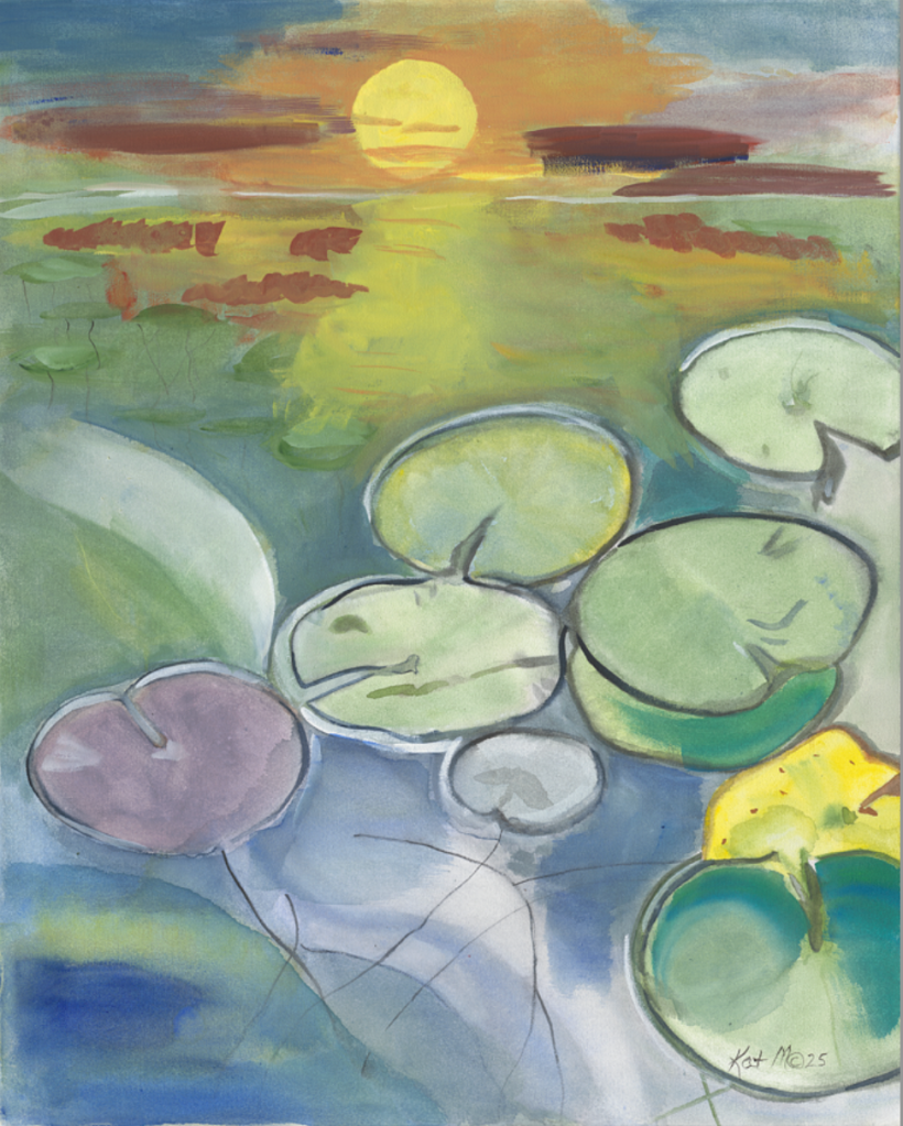 Serene lily pads with sunset watercolor print